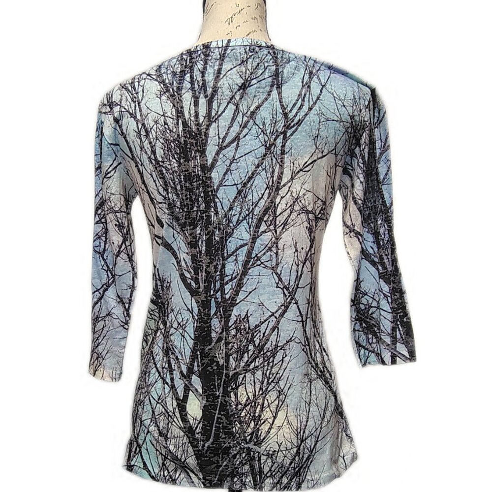 Compliments Y2K Womens Winter Tree Print Top Small Blue Sequin 3/4 Sleeve Fitted - Picture 2 of 5